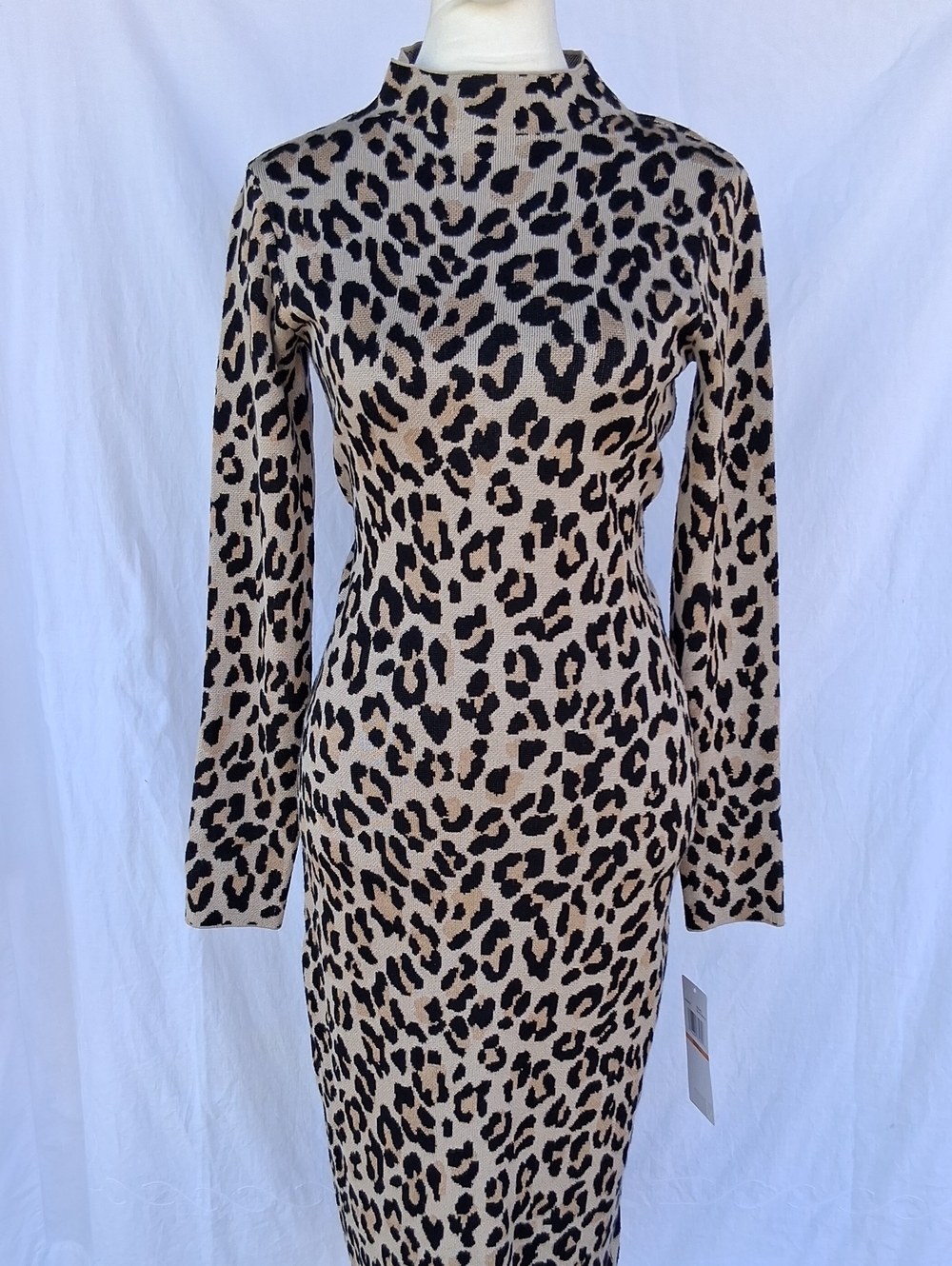Nina Leonard Leopard Print Long Sleeve Turtleneck Dress - Tan/Black S